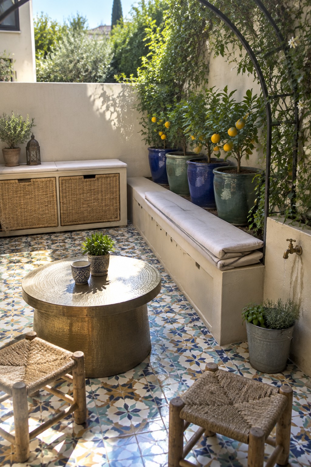 A compact outdoor patio with a long built-in bench topped with light cushions, colorful ceramic pots holding small citrus trees, a round hammered metal table, two woven stools, and patterned tile flooring.