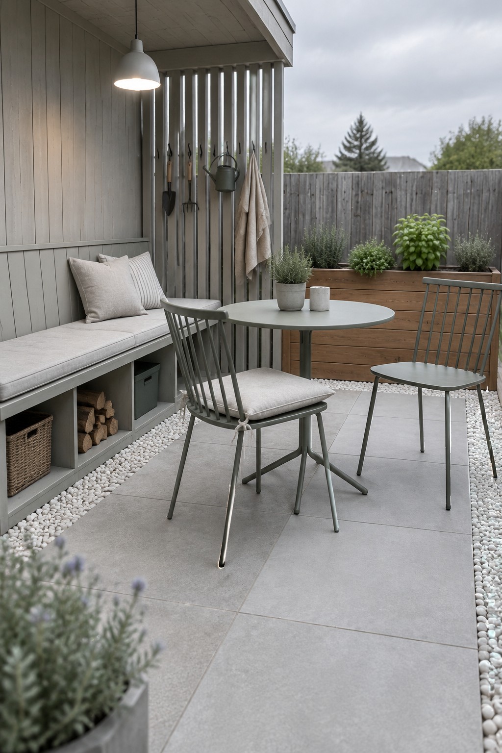 A compact patio features a built-in bench with under-seat storage cubbies, a small round table with two chairs, and potted plants along a wooden fence.