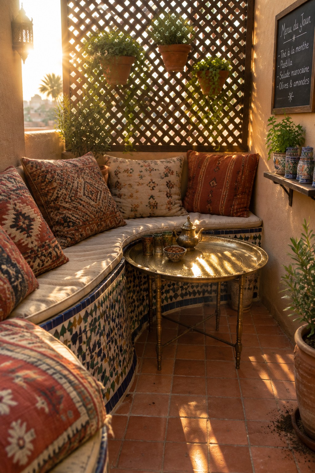 A small outdoor patio with curved built-in bench seating covered in patterned cushions, a round metal table, hanging plants on a lattice screen, and a chalkboard on the wall.