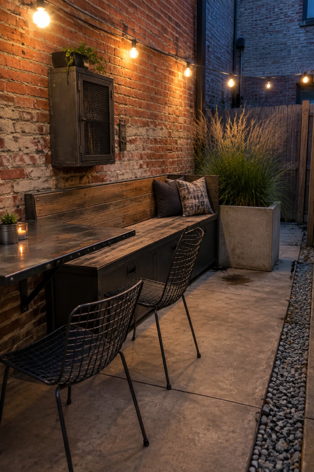 A narrow outdoor patio features a long wooden built-in bench with storage drawers below, set against a brick wall, accompanied by two black wire chairs, a metal table, string lights, and potted plants.