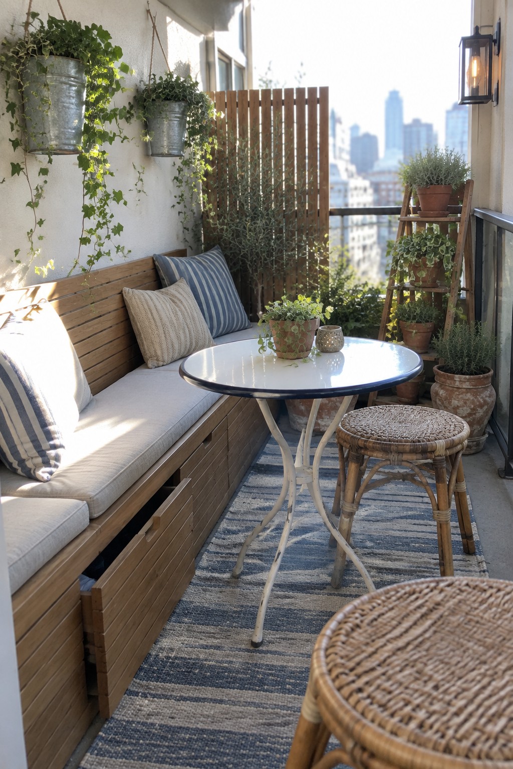 Cozy balcony with wooden bench, round table, wicker stools, plants, and city skyline