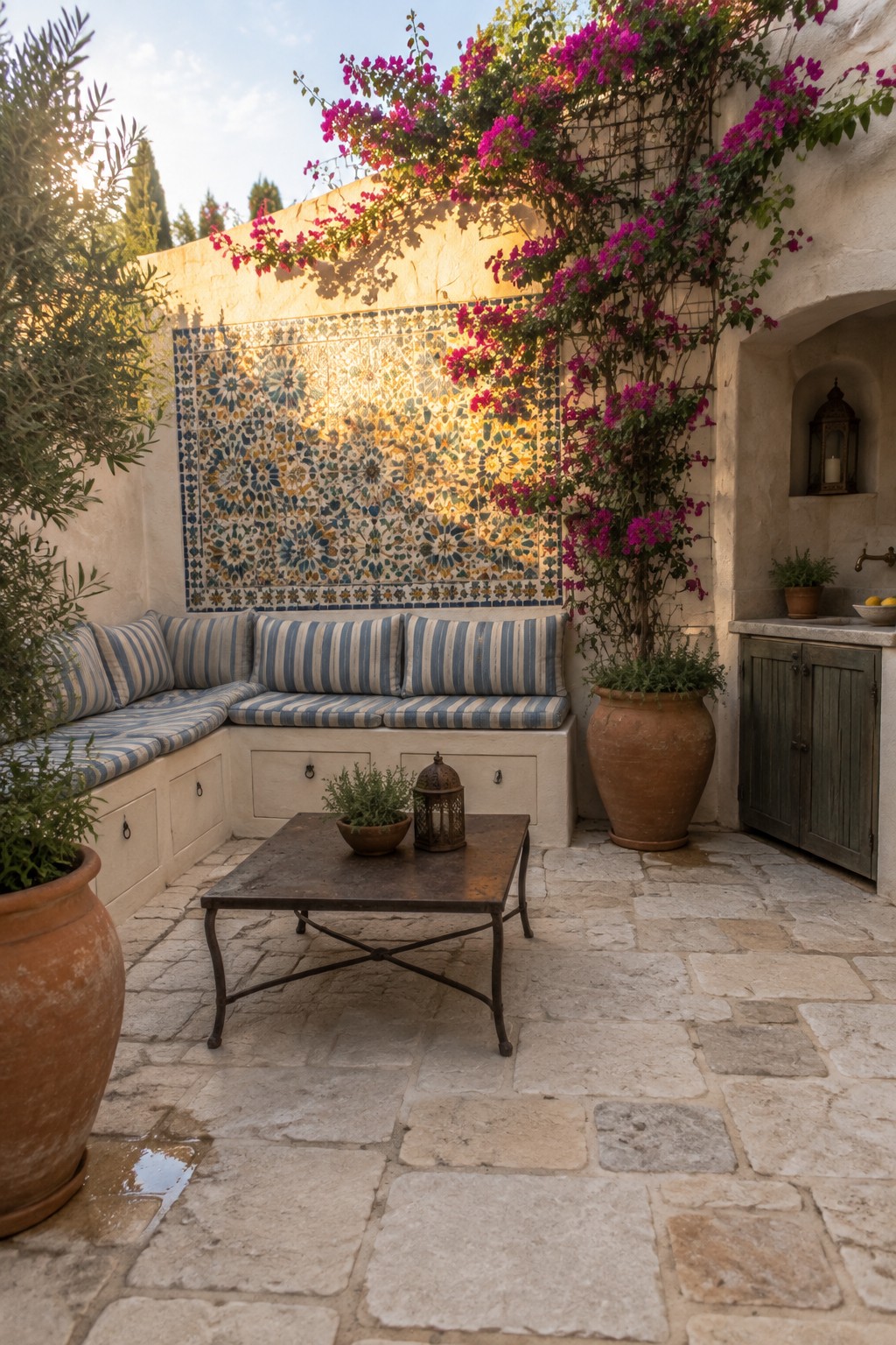 A small stone patio features an L-shaped built-in bench with blue and white striped cushions, a dark metal coffee table, terracotta pots, and a colorful tile mural on the wall behind it.