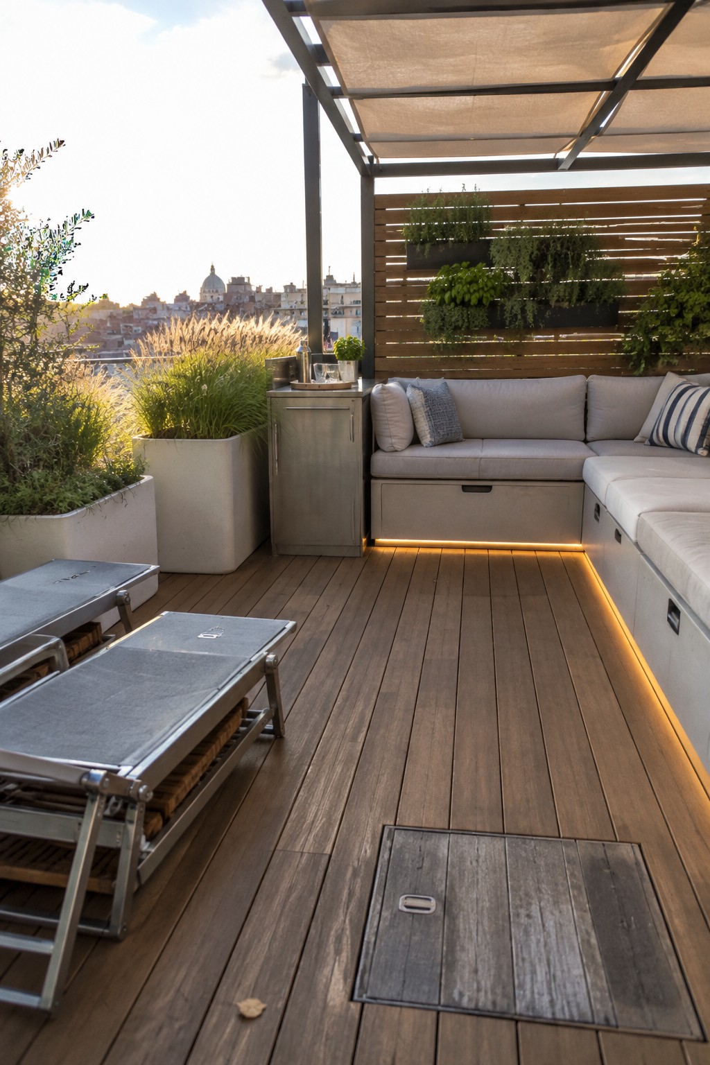 Rooftop patio with dark wood decking, L-shaped built-in sofa with storage bases, light gray cushions, metal side cabinet, two lounge chairs, and raised planters along a wooden slat screen.