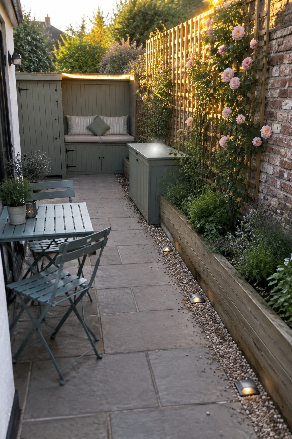 A narrow stone patio with a green built-in bench with cushions, a matching storage cabinet, a small folding table and chairs, and a raised garden bed with climbing roses on a trellis.