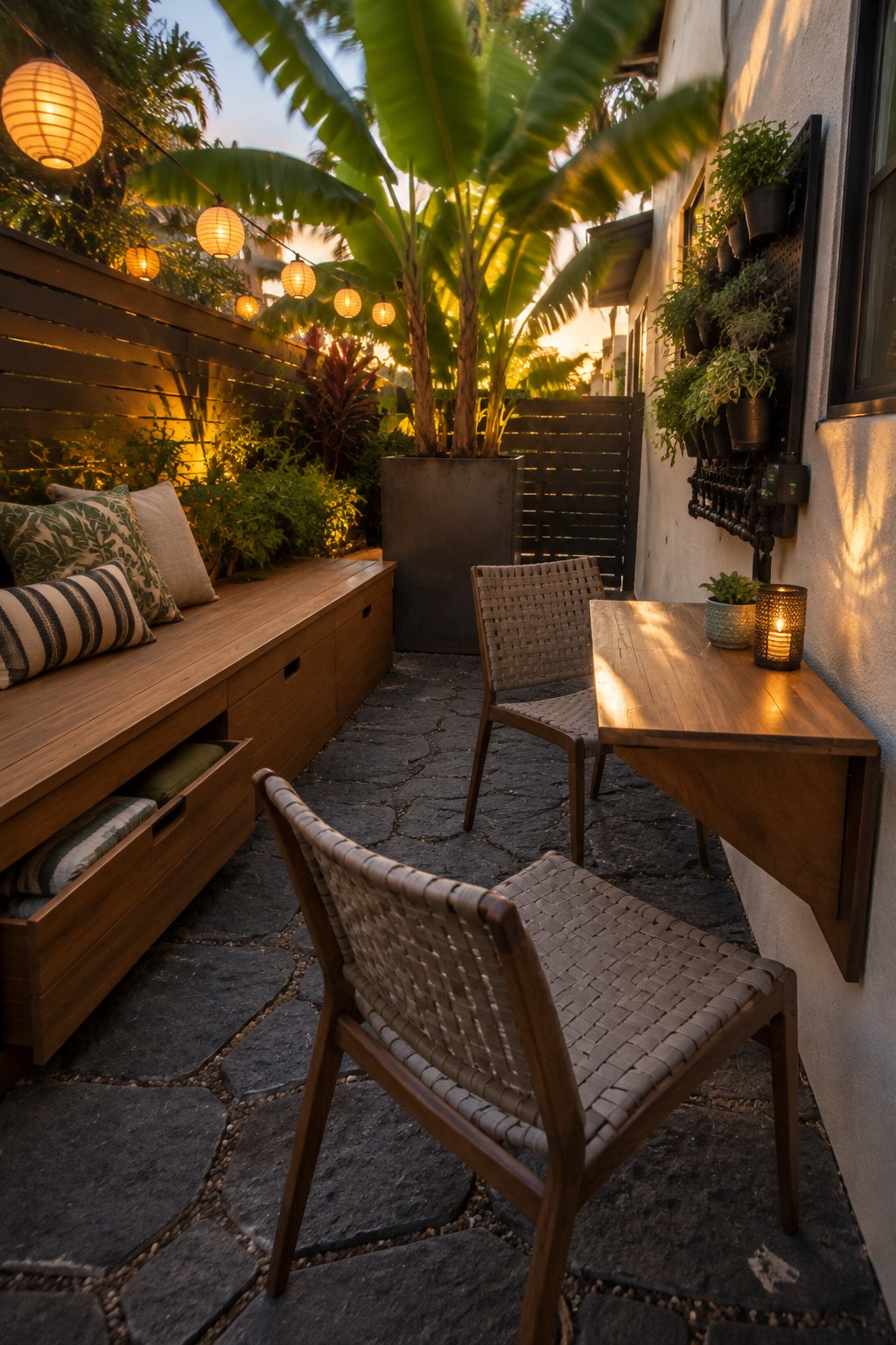 Cozy patio with wooden bench, woven chairs, string lights, and tropical plants at dusk.