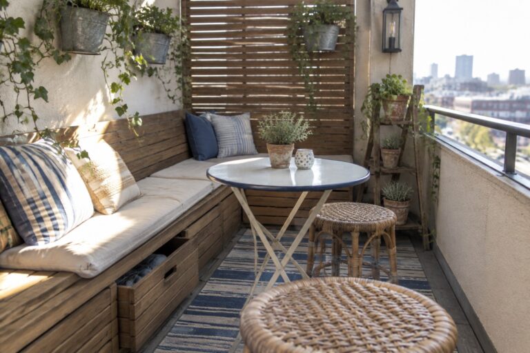 21 Clever Tiny Patio Ideas Designed for Seating, Storage, and Style Cozy balcony with wooden bench, round table, wicker stools, plants, and city skyline