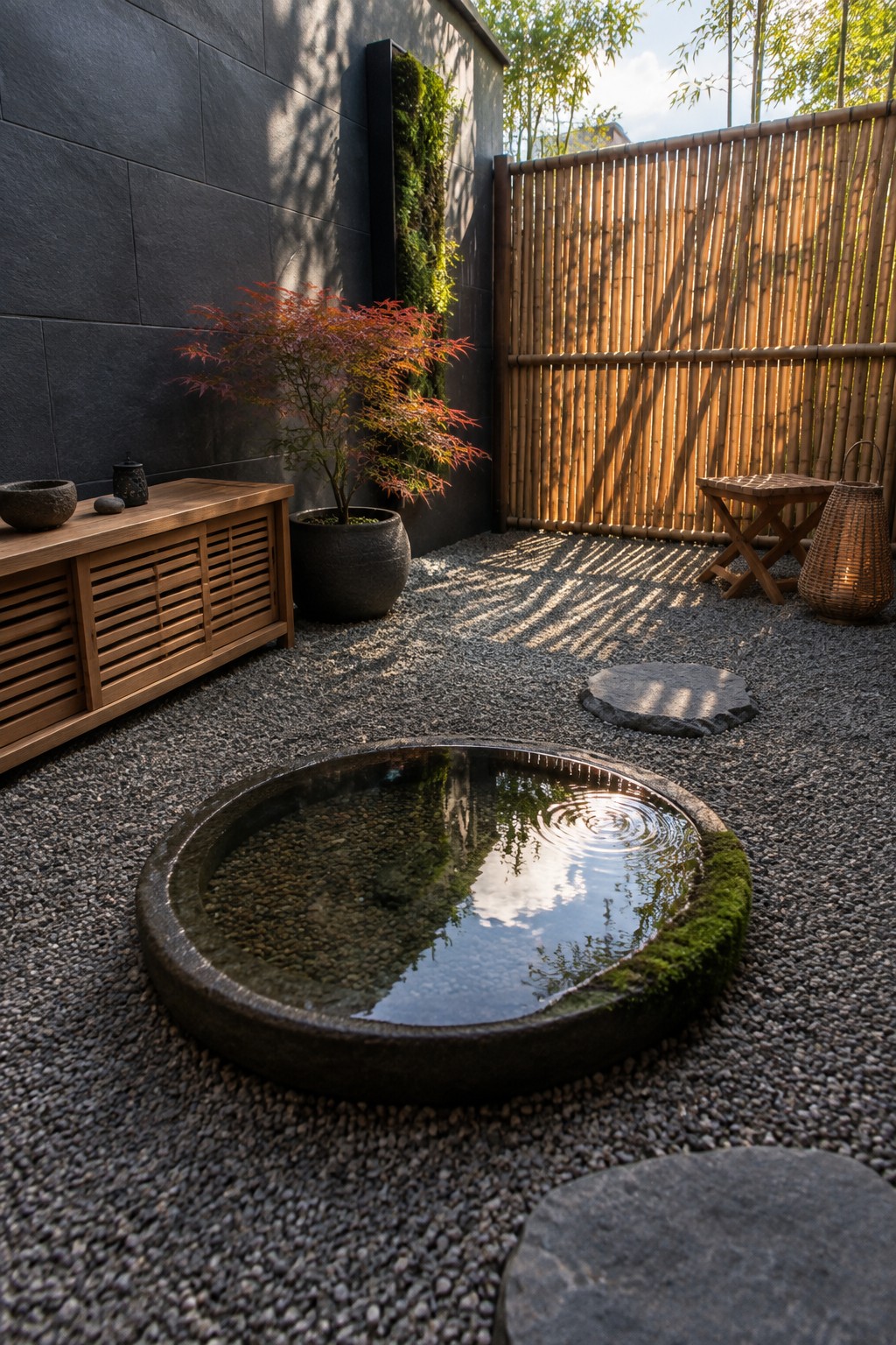 A large circular stone water basin sits in a gravel courtyard with a bamboo fence, wooden storage cabinet, and potted tree nearby.