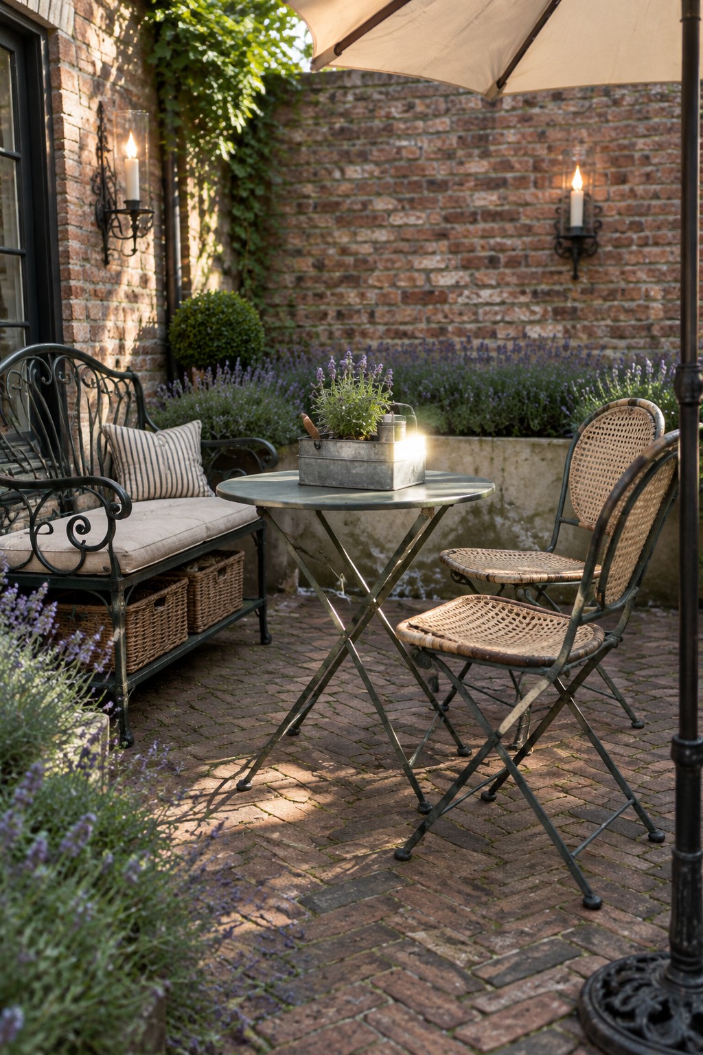 Outdoor brick patio with round table, woven chairs, umbrella, and lavender plants