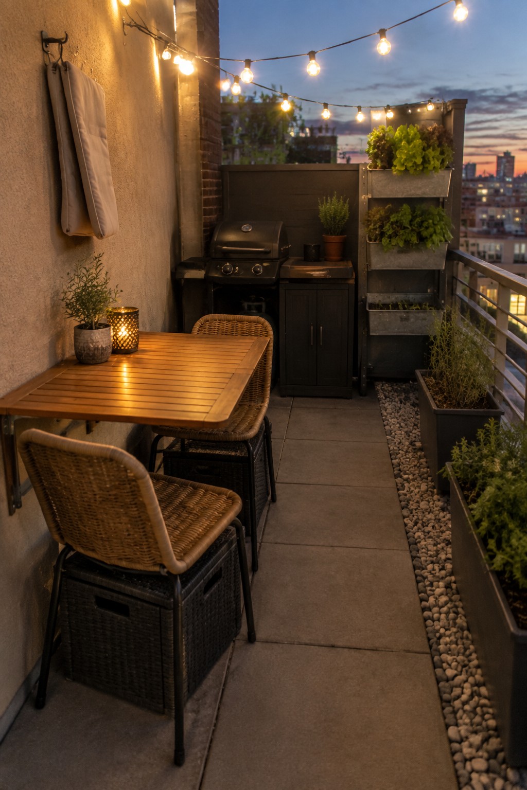 A narrow urban balcony at dusk with a wall-mounted wooden table, two wicker chairs with storage bases, overhead string lights, a grill, and vertical planters along the side.