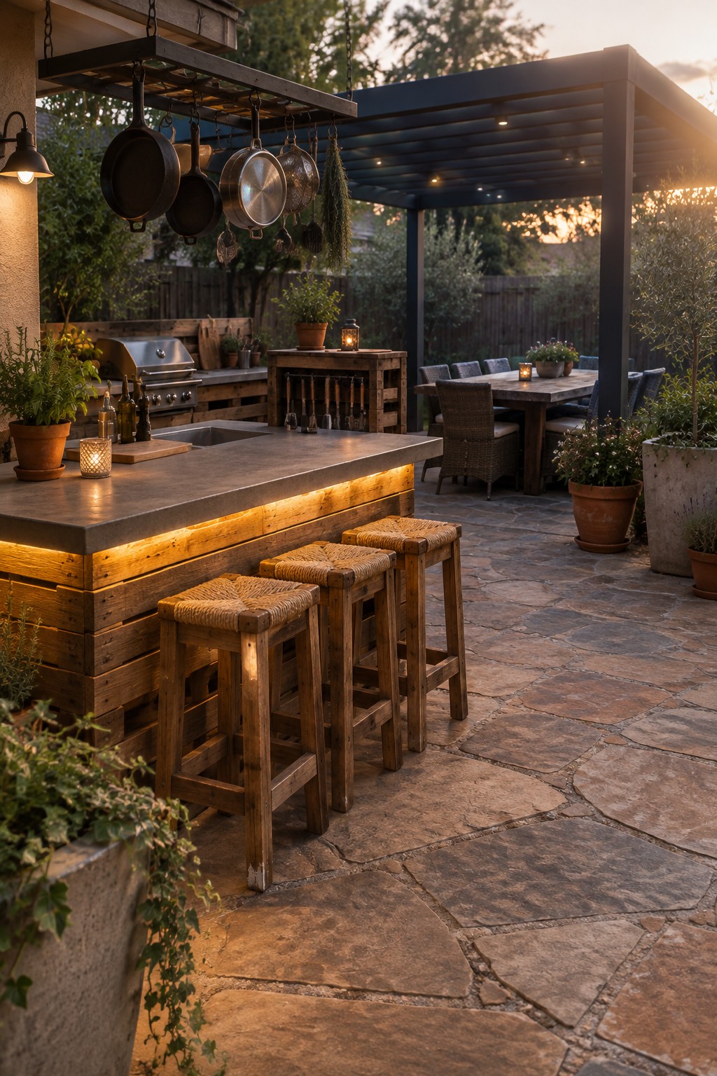 An outdoor patio bar constructed from wooden pallets with a concrete countertop, three rustic wooden stools with woven seats in front, and a pergola and dining area visible in the background.