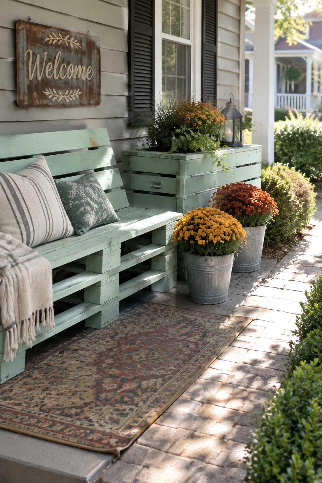 A light green painted pallet bench with cushions and a throw rests on a patterned rug on a brick porch beside potted flowers and a metal welcome sign.