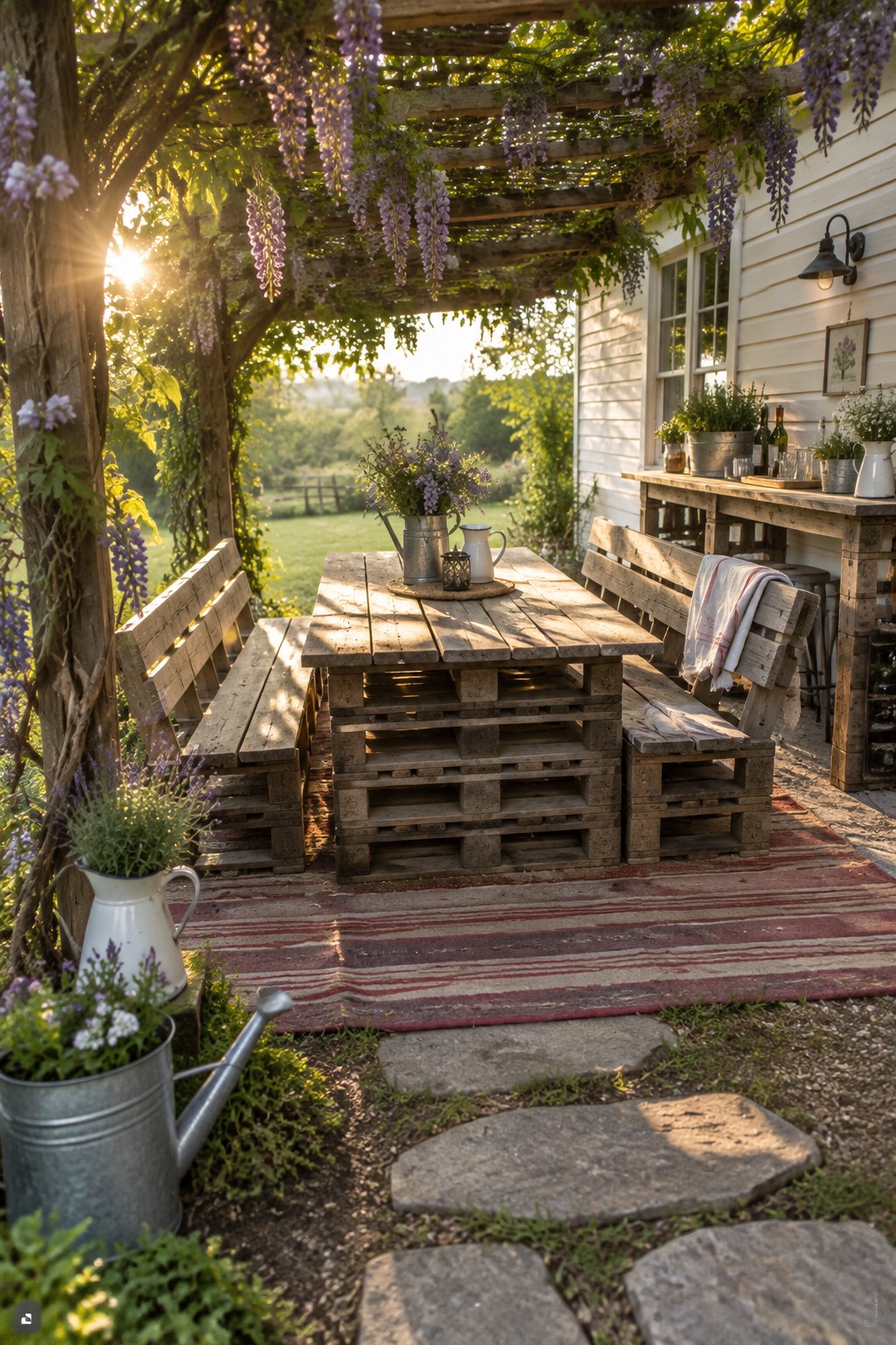 A large wooden pallet table with matching benches sits on a striped rug under a wisteria-covered pergola next to a white house.