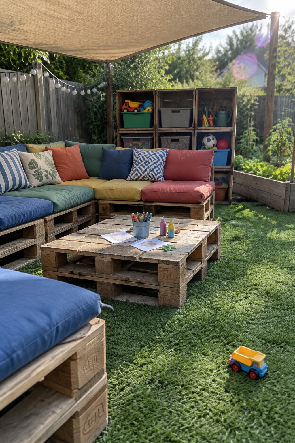 A backyard patio featuring a large pallet wood sectional sofa with colorful cushions arranged under a beige shade sail, next to a matching pallet coffee table on a grassy lawn.