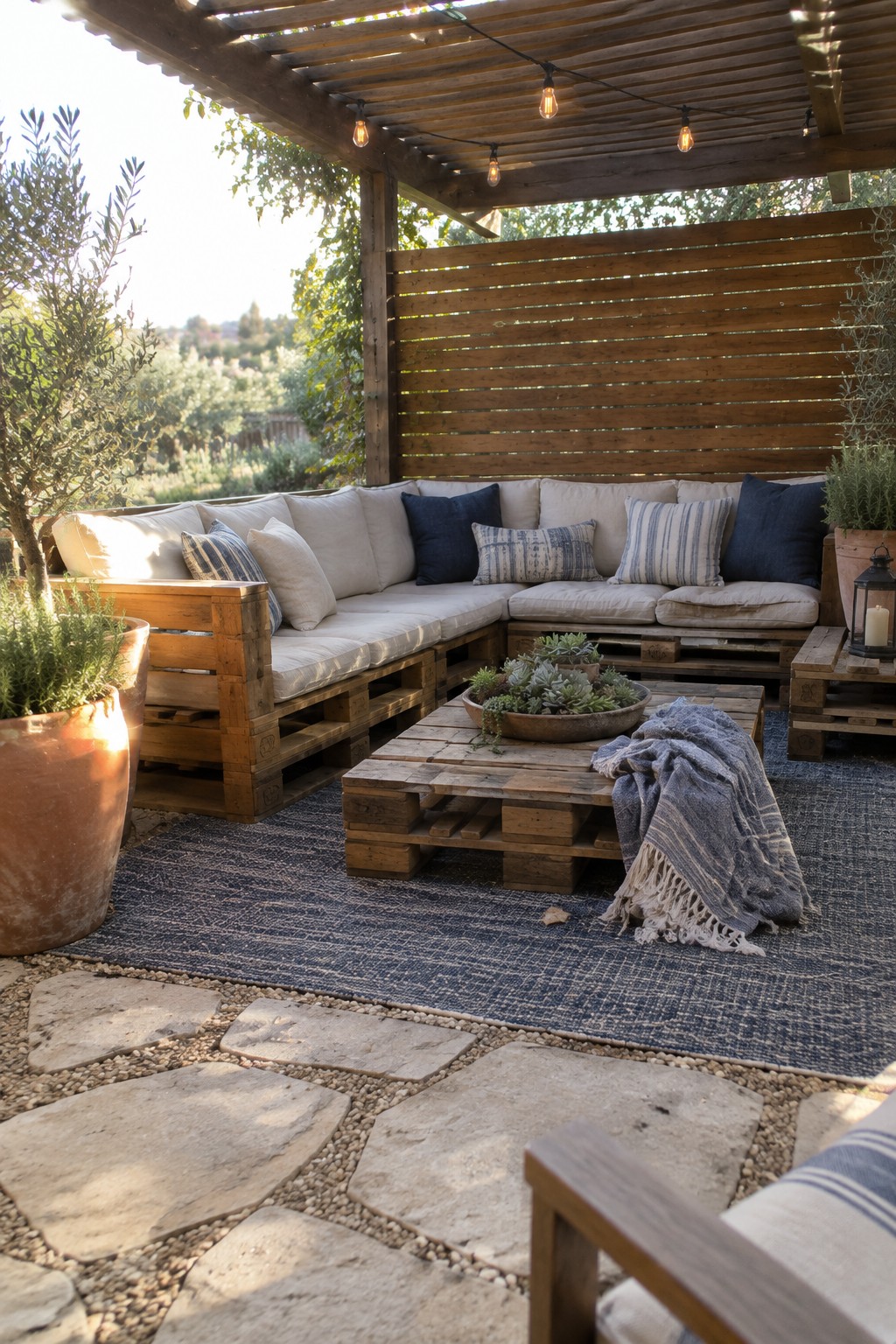 An L-shaped pallet sofa with cushions sits on a blue rug under a wooden pergola, next to a low pallet coffee table.