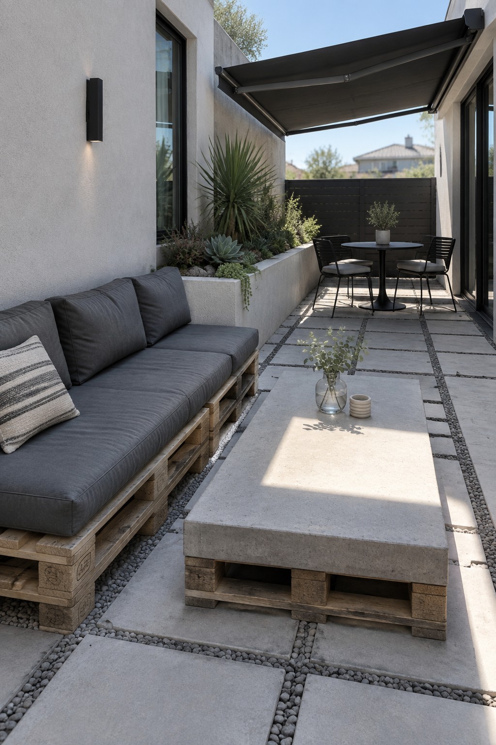 A patio scene showing a pallet wood sofa with gray cushions beside a concrete slab table resting on pallet bases, with a black retractable awning overhead.