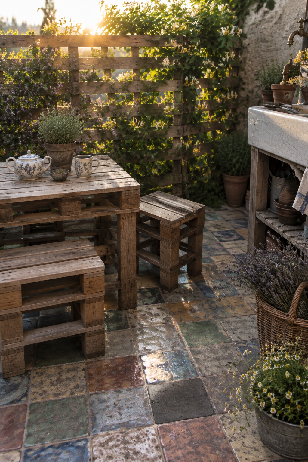 A rustic wooden pallet table and two stools sit on a multicolored tiled patio, with a ceramic teapot and cup on the table and potted plants nearby.