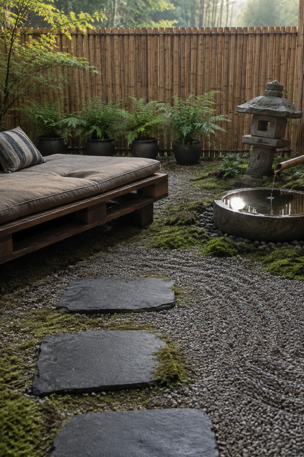 A low wooden pallet daybed with a gray cushion and striped pillow sits on gravel next to stone stepping stones, with a stone water basin and bamboo spout nearby.