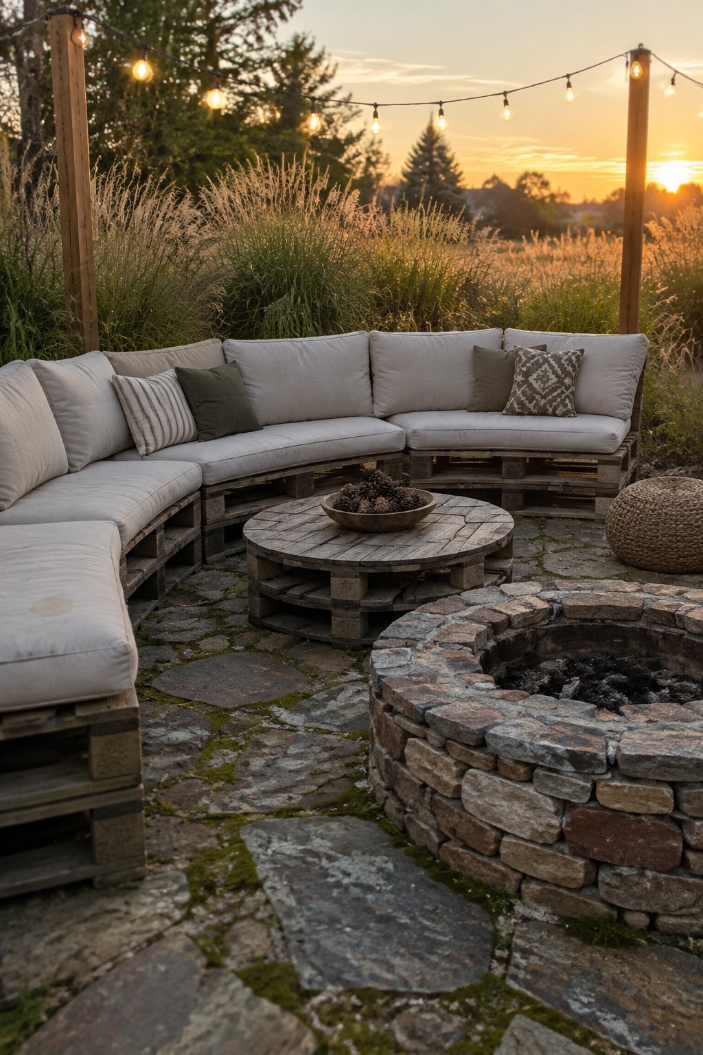 Rustic pallet sofa set with stone fire pit and string lights at sunset