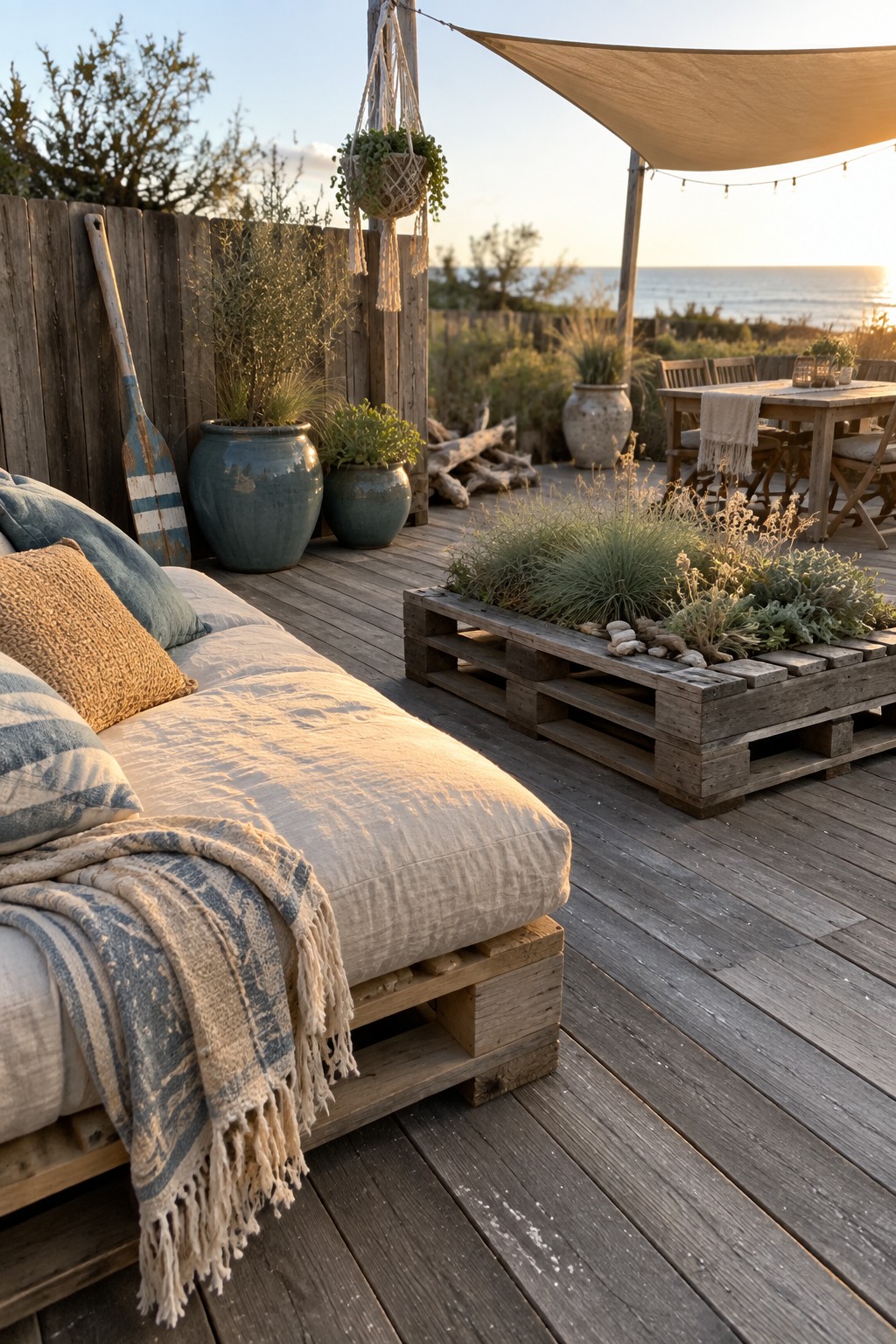 A wooden deck with pallet-based cushioned seating and a pallet planter box overlooking the ocean at sunset.