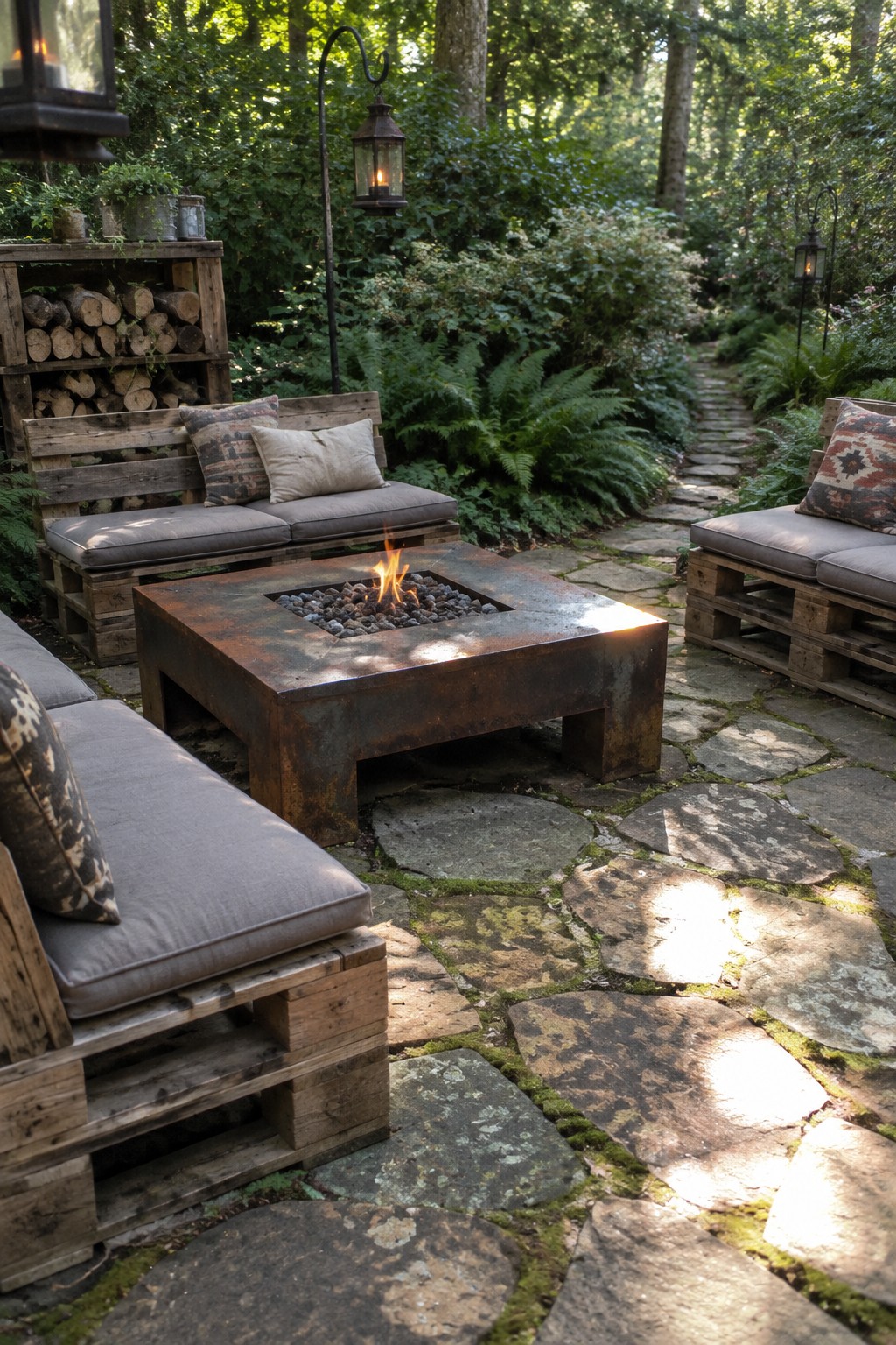 A backyard patio with pallet wood benches and sofas arranged around a square metal fire pit on a stone path, surrounded by trees and ferns.