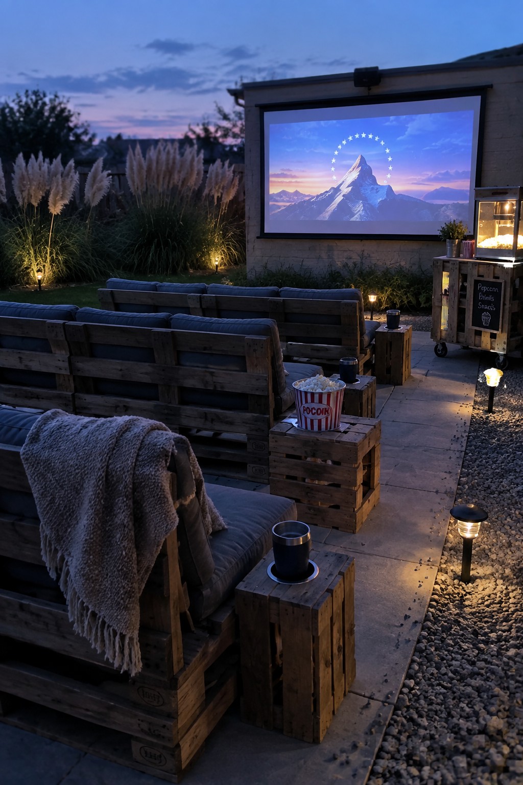 An outdoor patio at dusk with wooden pallet sofas topped with gray cushions facing a large projector screen on a house wall, with a popcorn machine and garden plants visible.
