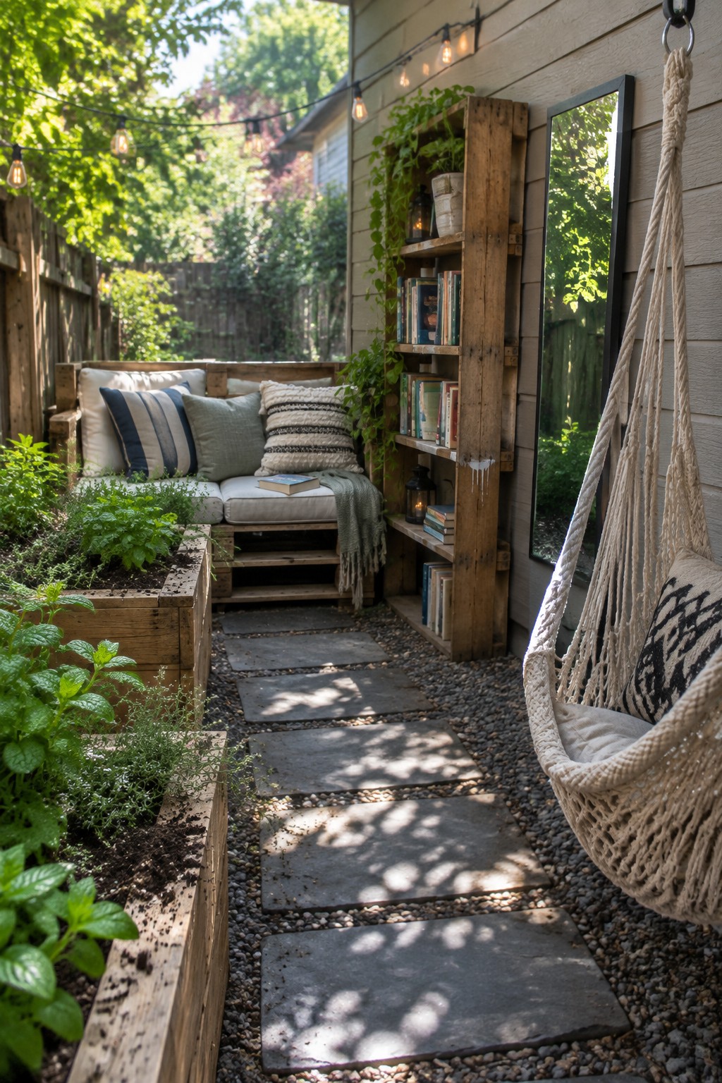 A backyard patio features wooden pallet seating with cushions, a gravel path of stone pavers, a hanging macrame chair, and a tall pallet bookshelf against the house wall.