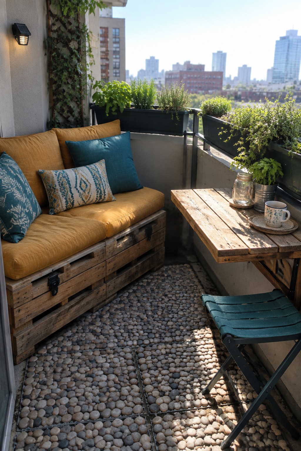 A wooden pallet sofa with mustard yellow cushions on a balcony with pebble tile flooring, next to a small wooden table and planters.