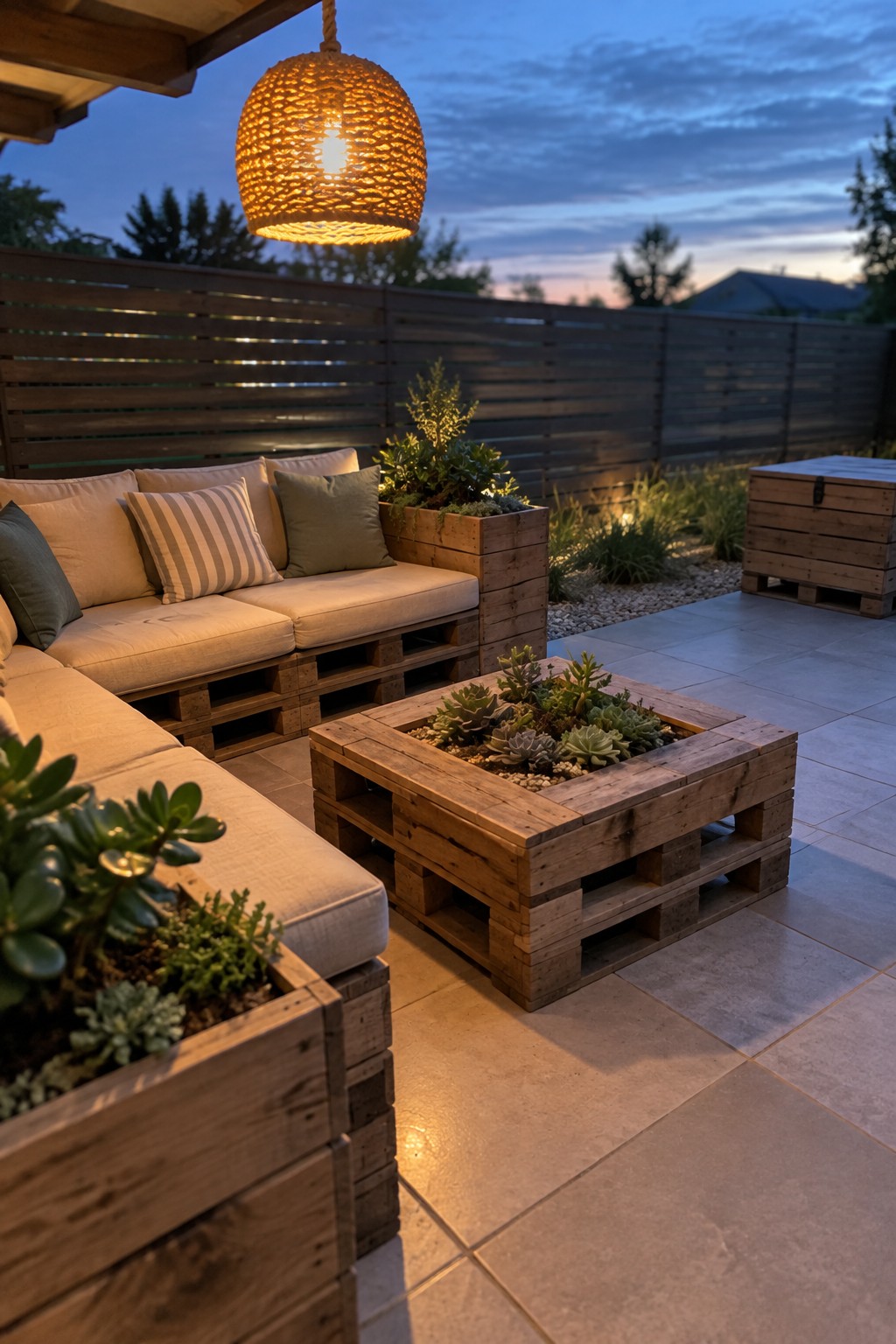 An outdoor patio at dusk with an L-shaped pallet wood sofa with cushions, a central pallet table planter filled with succulents, a hanging woven pendant light, and a dark wooden fence behind the seating area.