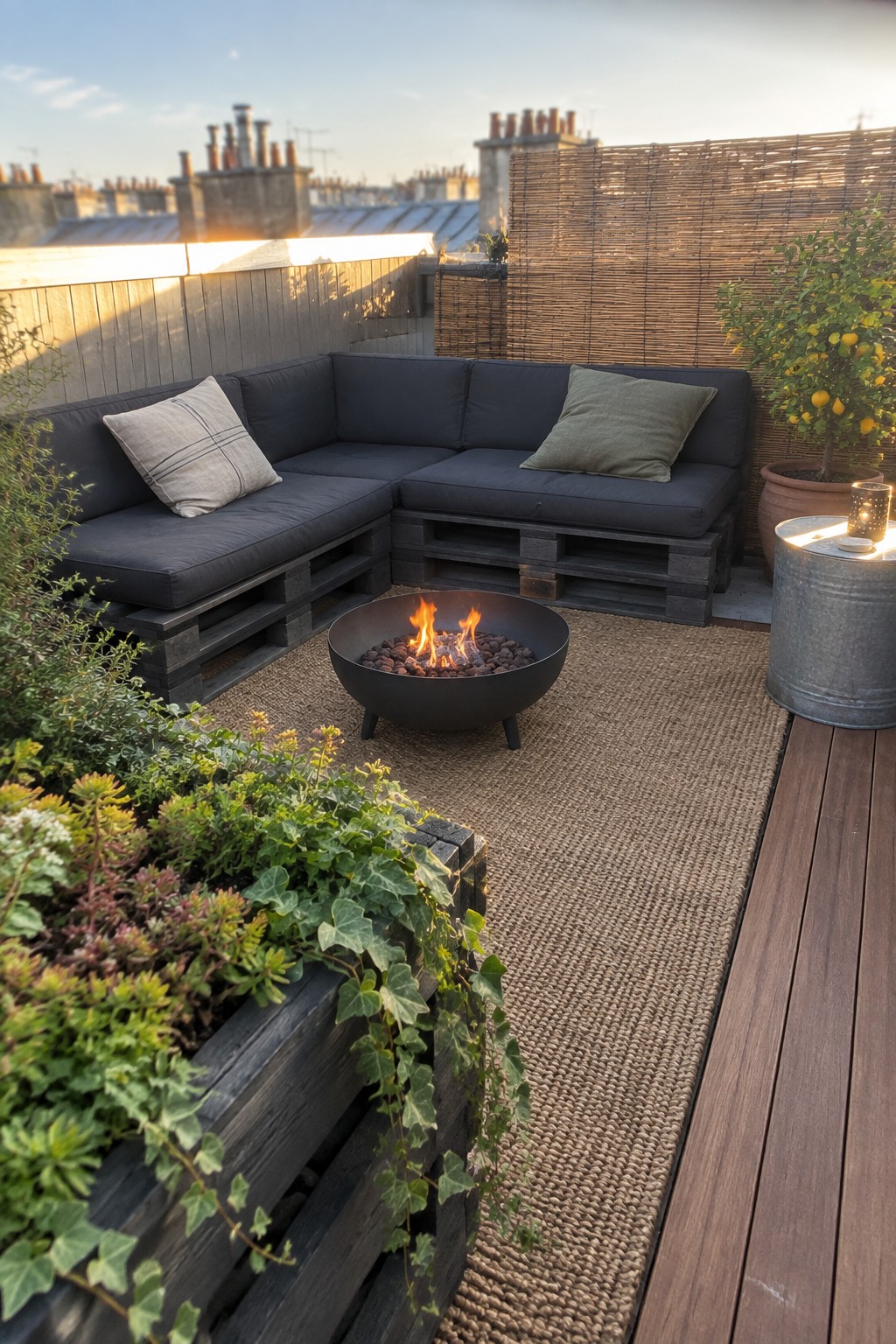 Rooftop patio with dark pallet corner sofa arranged around a central fire pit on a woven rug, with potted plants and wooden decking visible.
