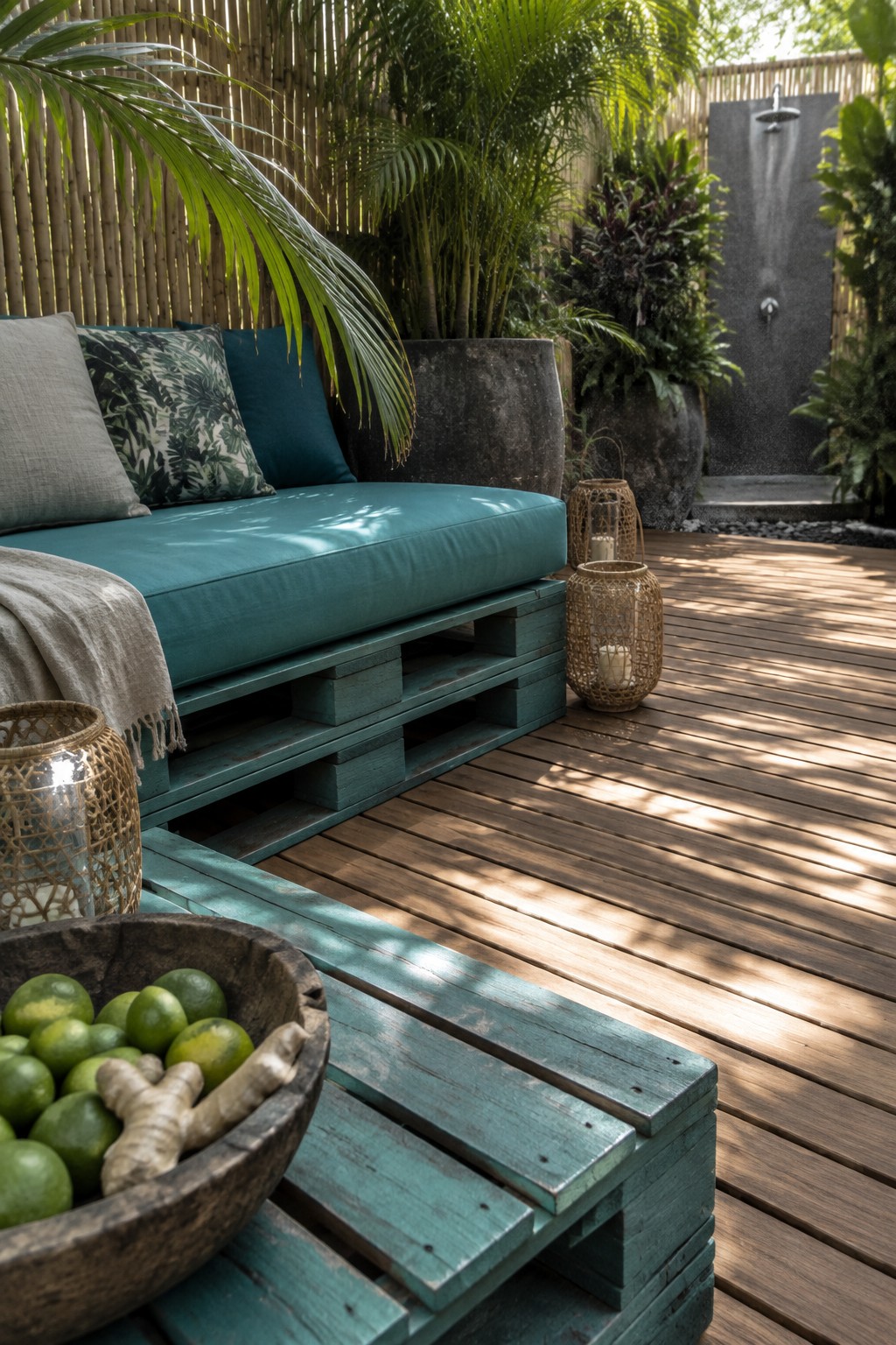 Tropical patio with teal pallet sofa, limes bowl, lanterns, and outdoor shower