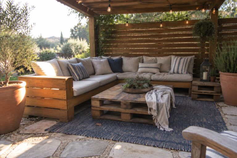 21 Easy DIY Patio Ideas Using Pallet Furniture An L-shaped pallet sofa with cushions sits on a blue rug under a wooden pergola, next to a low pallet coffee table.