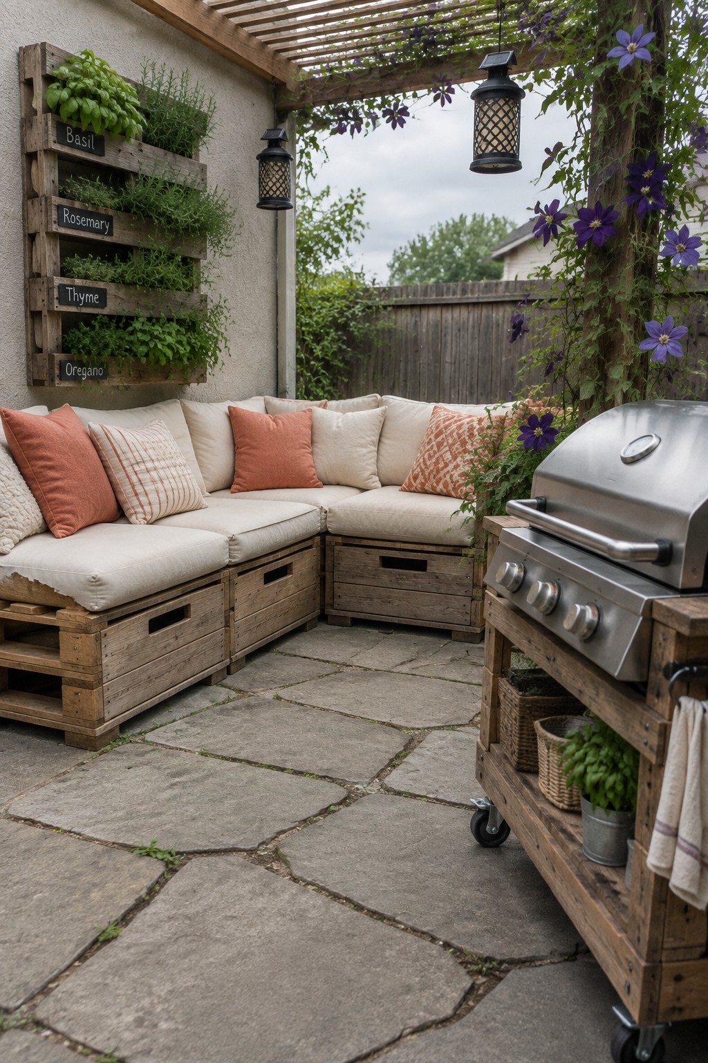 Rustic pallet sofa with cushions, herb garden wall, grill cart on stone patio