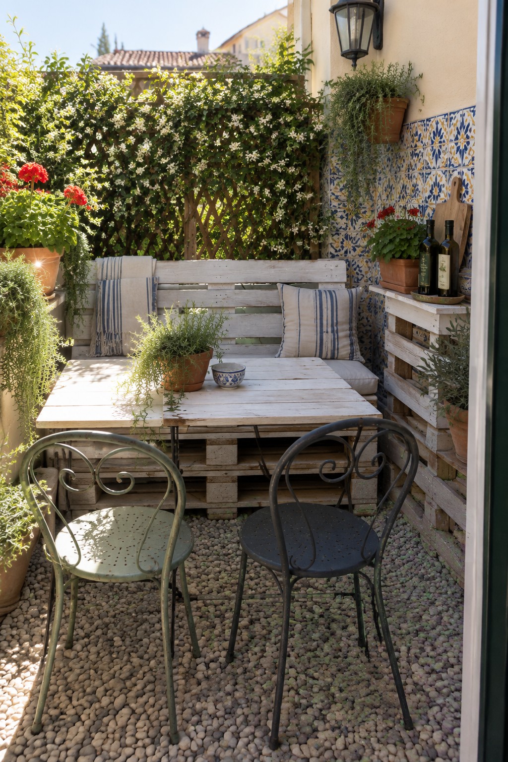 An outdoor patio with a whitewashed wooden pallet bench and matching table, two metal chairs on gravel, potted plants, and a blue and yellow tiled wall.