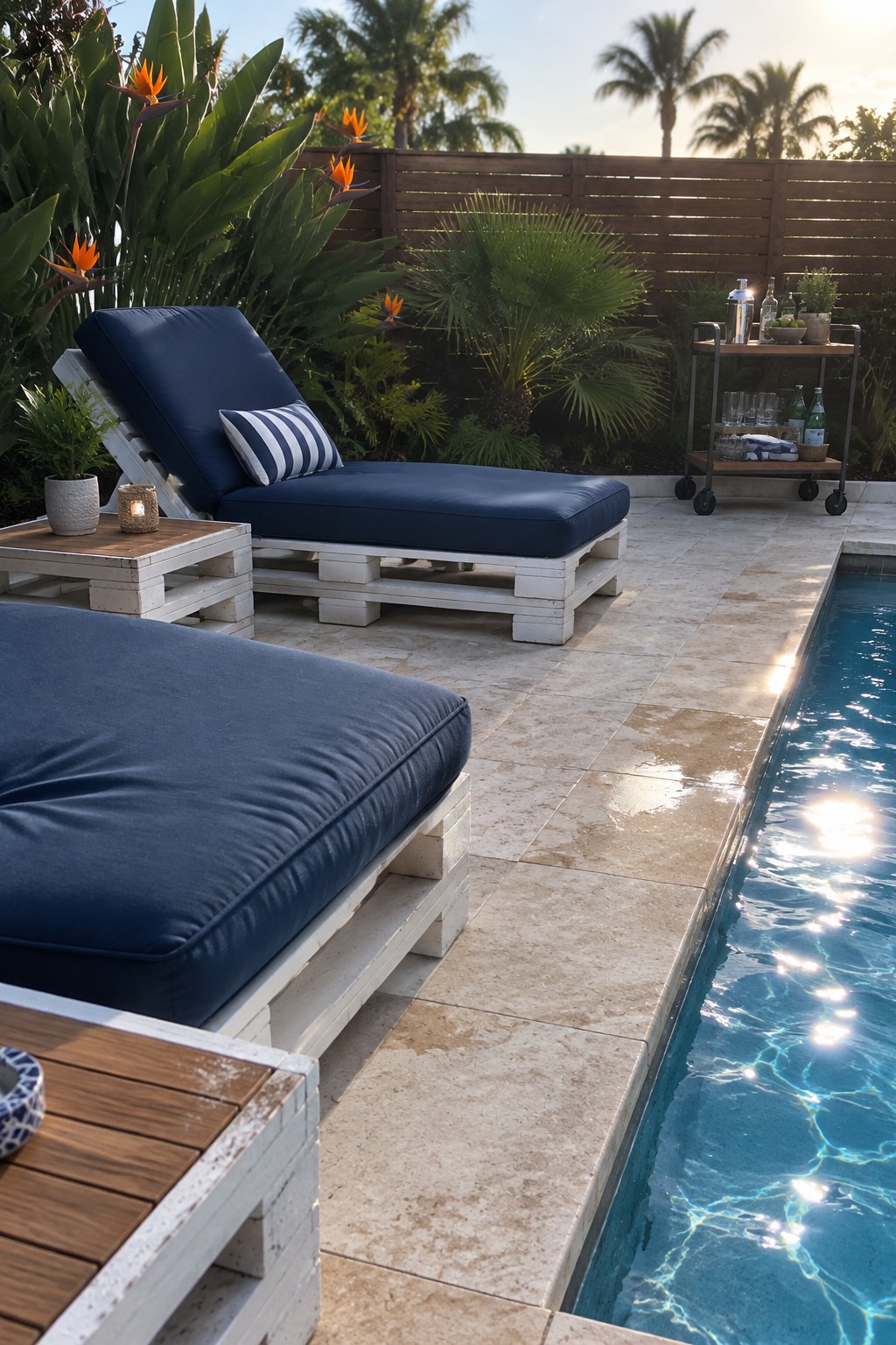 White pallet lounge chairs with navy cushions beside a sunny swimming pool with tropical plants
