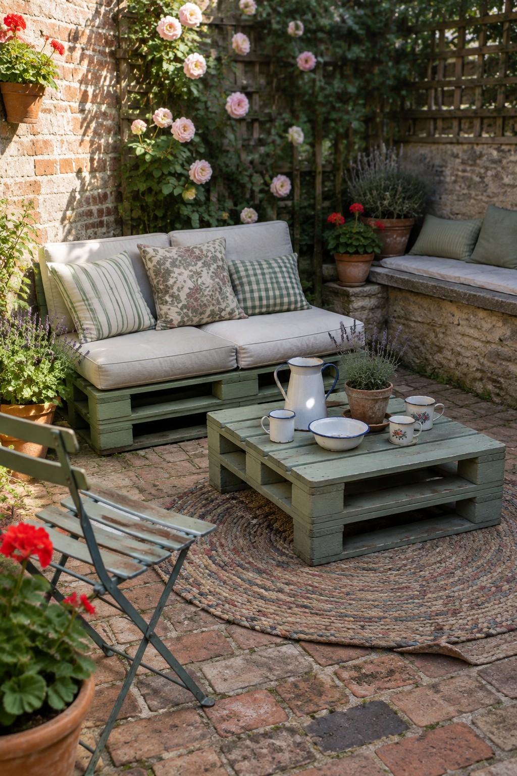 A green painted pallet sofa and coffee table arranged on a round woven rug over brick paving, with potted plants and flowers around the edges.