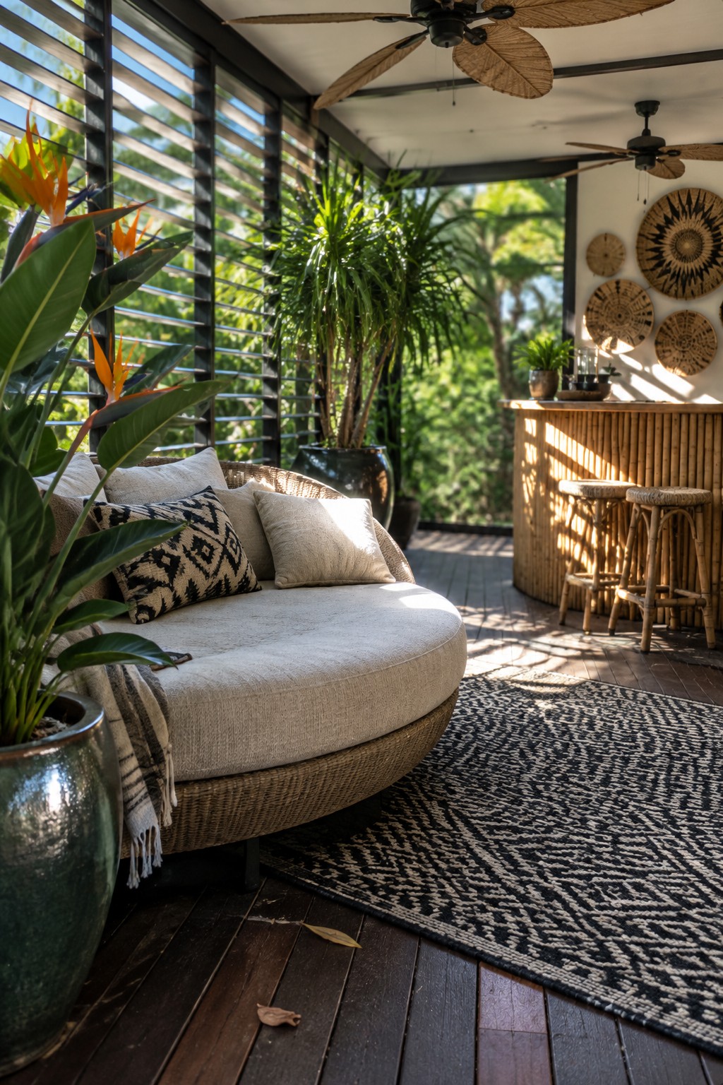 A round woven daybed with cushions sits on a patterned rug inside an enclosed patio that has a bamboo bar, stools, ceiling fans, and large potted plants.