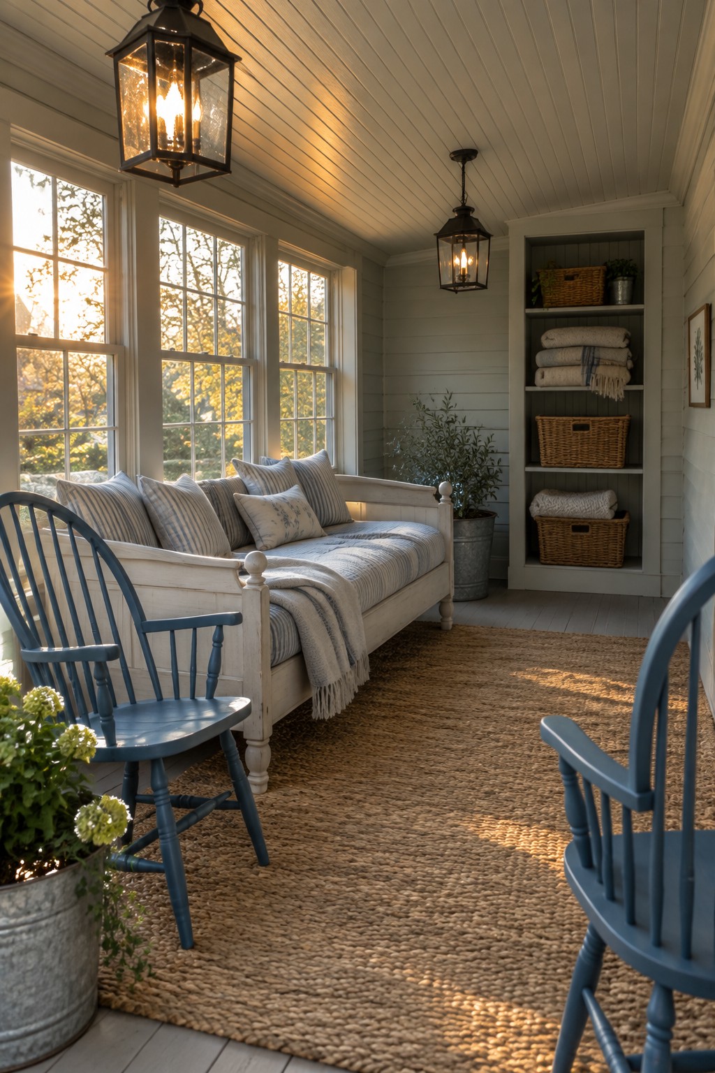 Cozy sunlit porch with white daybed, blue chairs, woven rug, and hanging lanterns