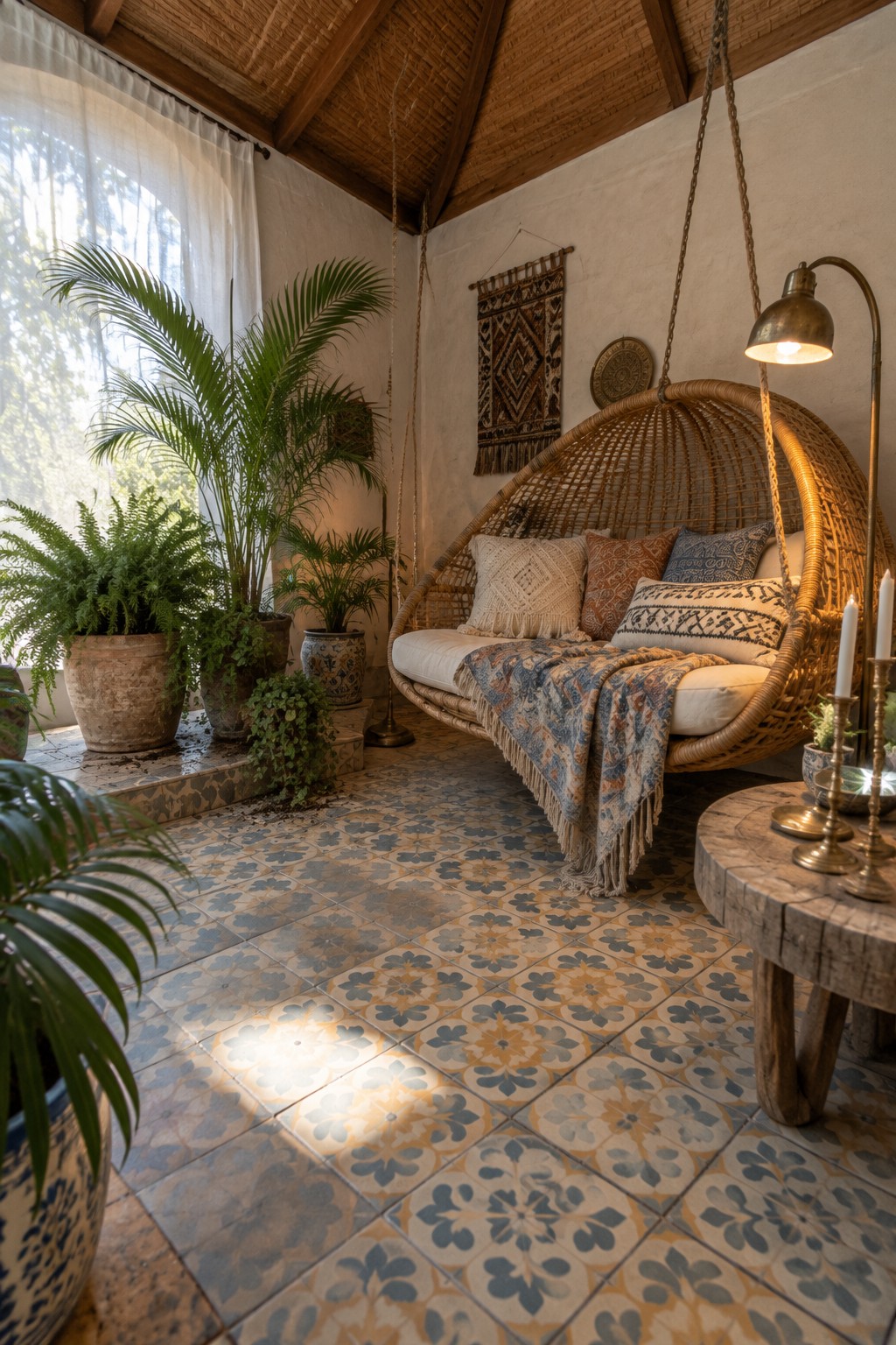 A large hanging wicker chair swing with cushions and a patterned throw sits on a tiled floor in an enclosed patio with potted plants and a wooden ceiling.