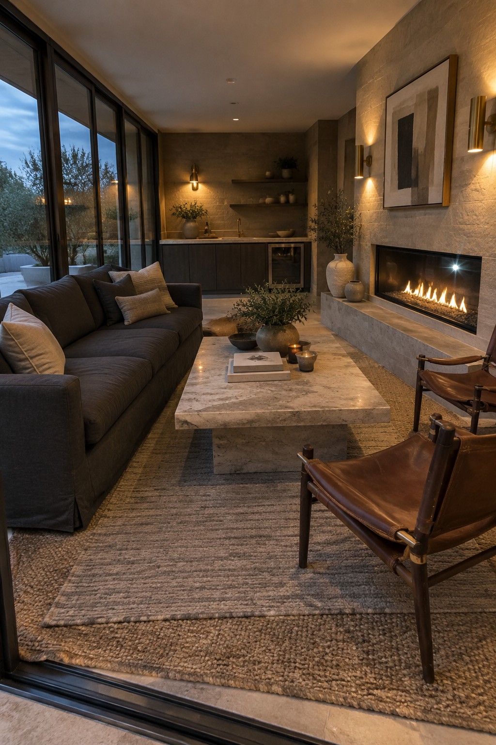 An enclosed patio featuring a dark gray sofa, marble coffee table on a woven rug, brown leather chairs, and a modern fireplace built into a light stone wall with large glass sliding doors.