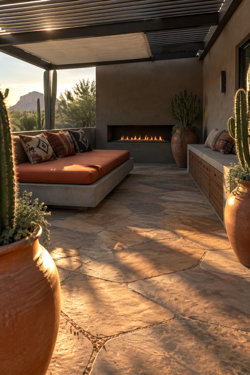 An enclosed patio with flagstone flooring, a linear fireplace built into a concrete wall, a long concrete bench with orange cushions and patterned pillows, and large terracotta pots holding cacti.