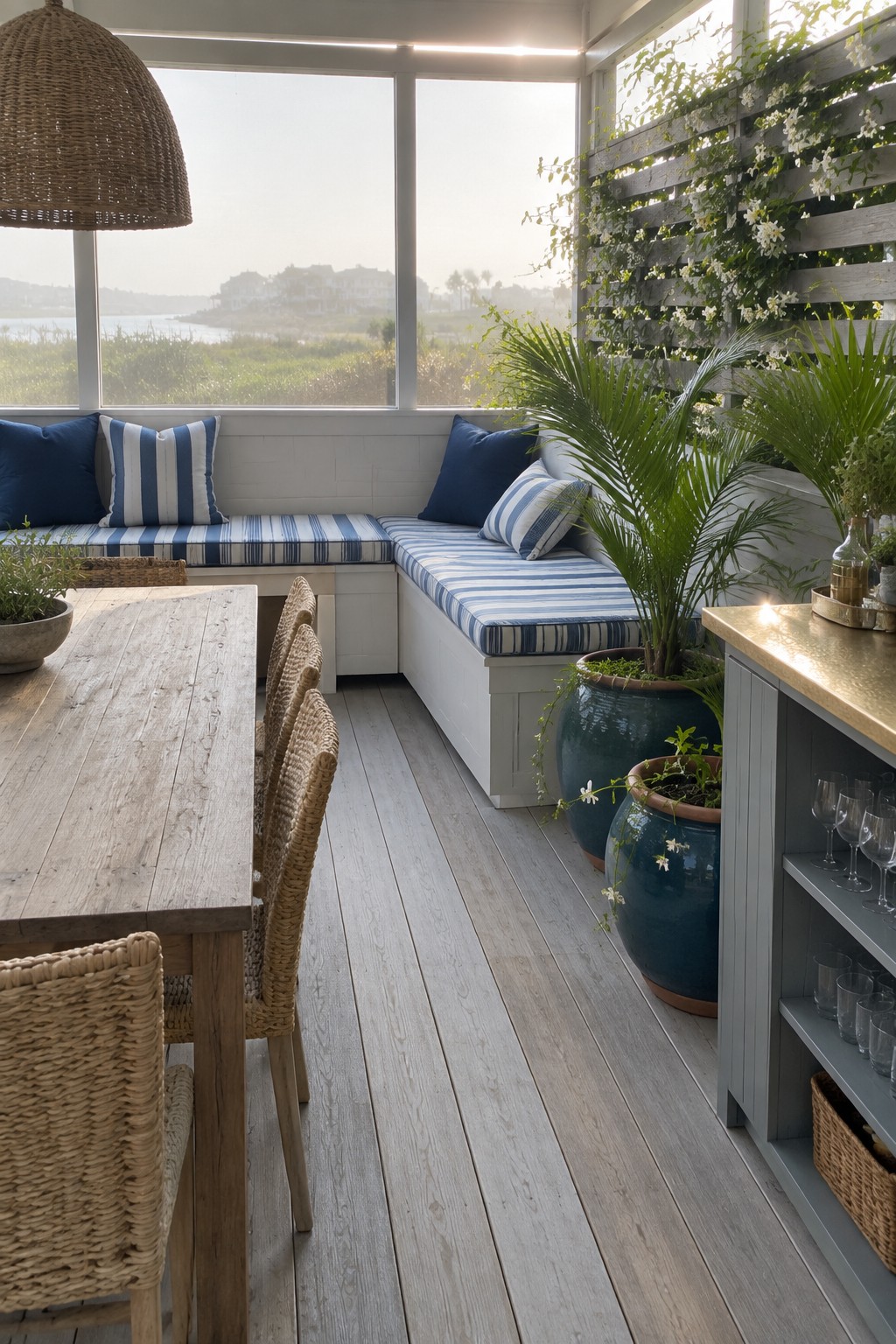 An enclosed patio featuring a wooden dining table with woven chairs, an L-shaped built-in bench with blue and white striped cushions along large windows, potted plants, and a gray cabinet with glassware.