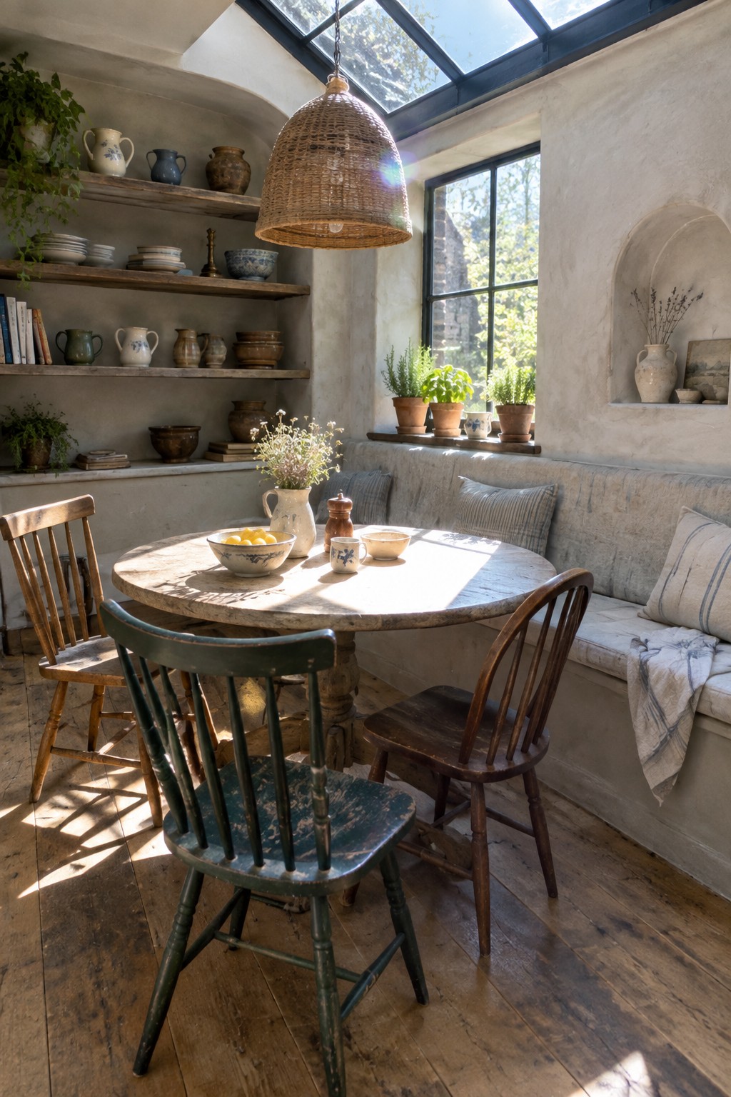 A round dining table surrounded by wooden chairs and a built-in cushioned bench in a bright room with open wooden shelves holding pottery and a large skylight overhead.