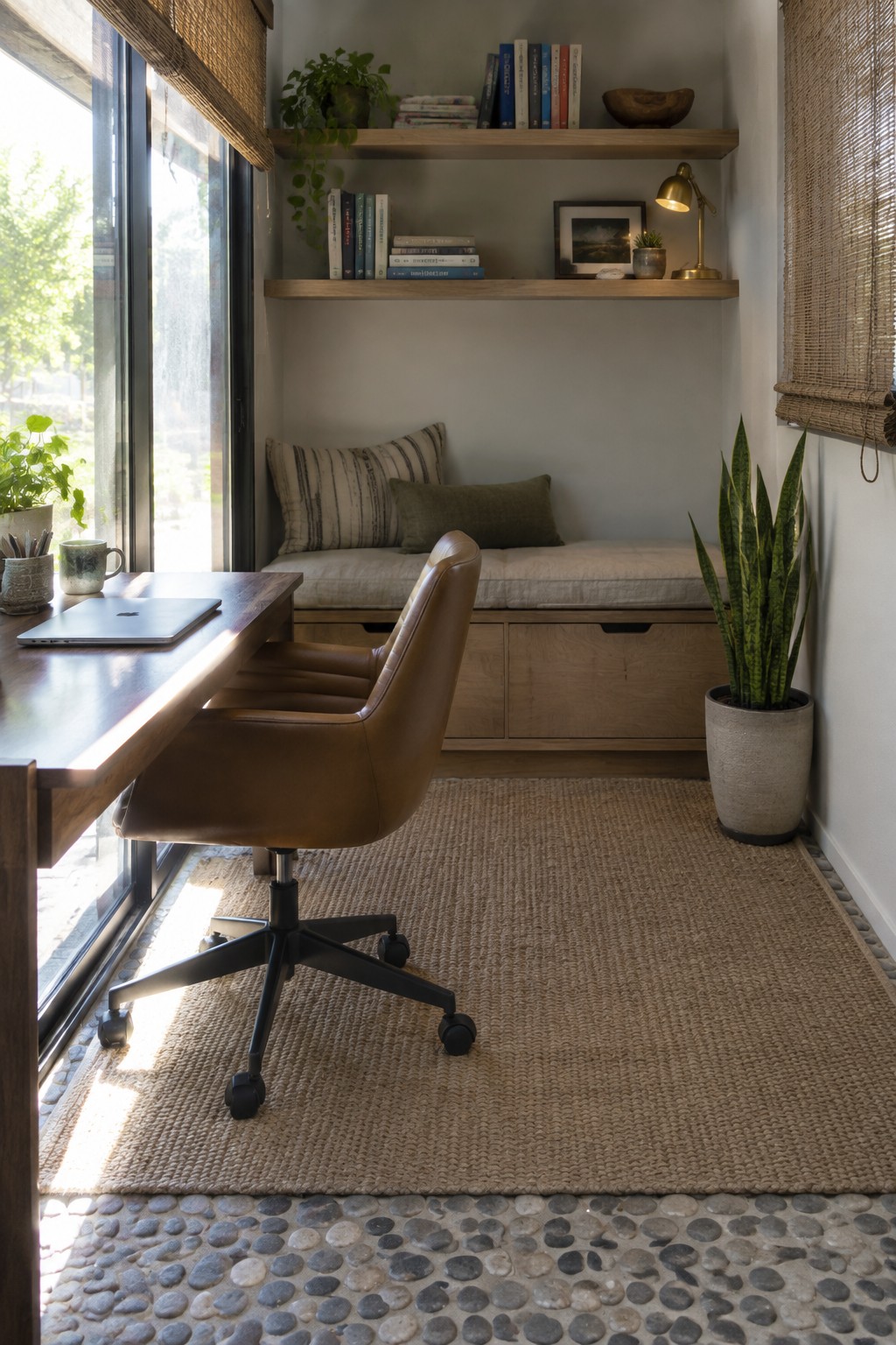 A small home office with a wooden desk, brown leather swivel chair on a woven rug, built-in window bench with storage drawers, floating wood shelves holding books and plants, and a large window with woven shade.