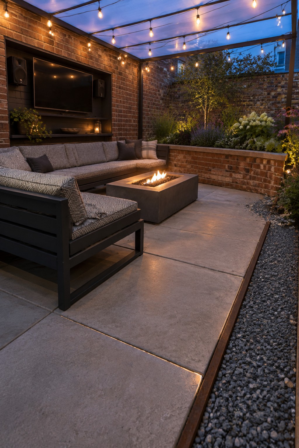 An enclosed patio at dusk featuring a square concrete fire pit with flames, surrounded by L-shaped outdoor seating with patterned cushions, string lights overhead, and brick walls with built-in plants.