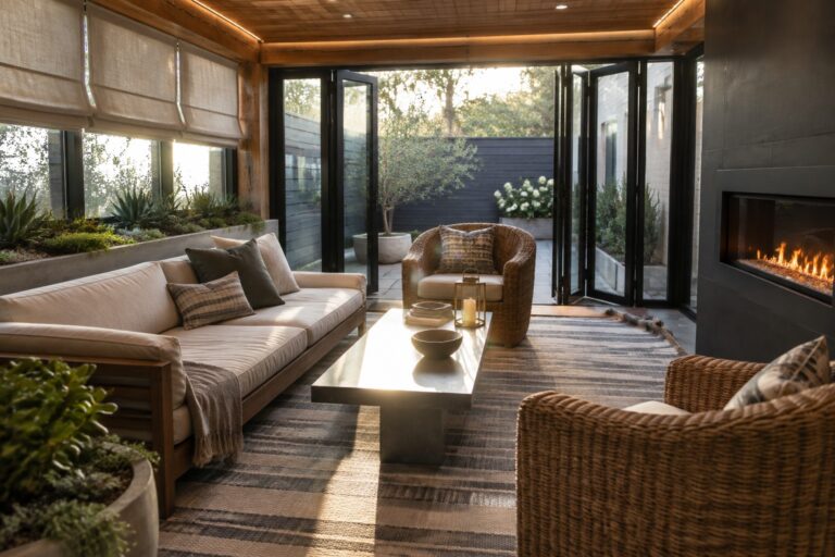 22 Elegant Enclosed Patio Decorating Ideas for a Polished Outdoor Room Modern patio with sofa, wicker chairs, marble table on striped rug, open to garden.