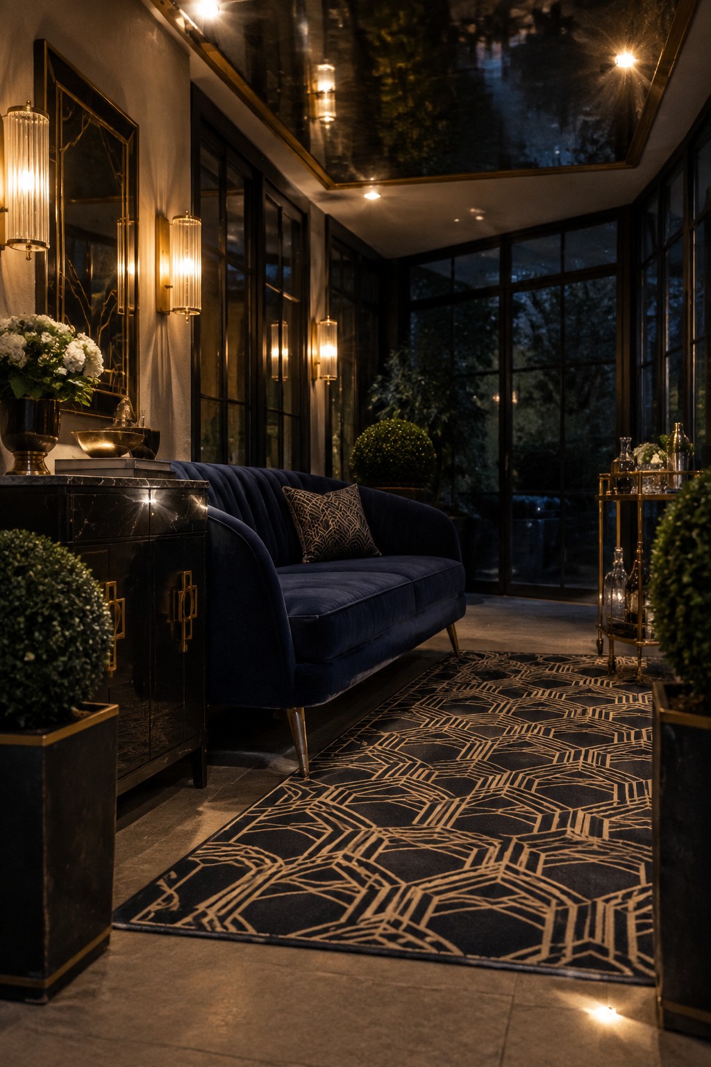 Dark blue velvet sofa on black-gold geometric rug in opulent lounge with marble accents