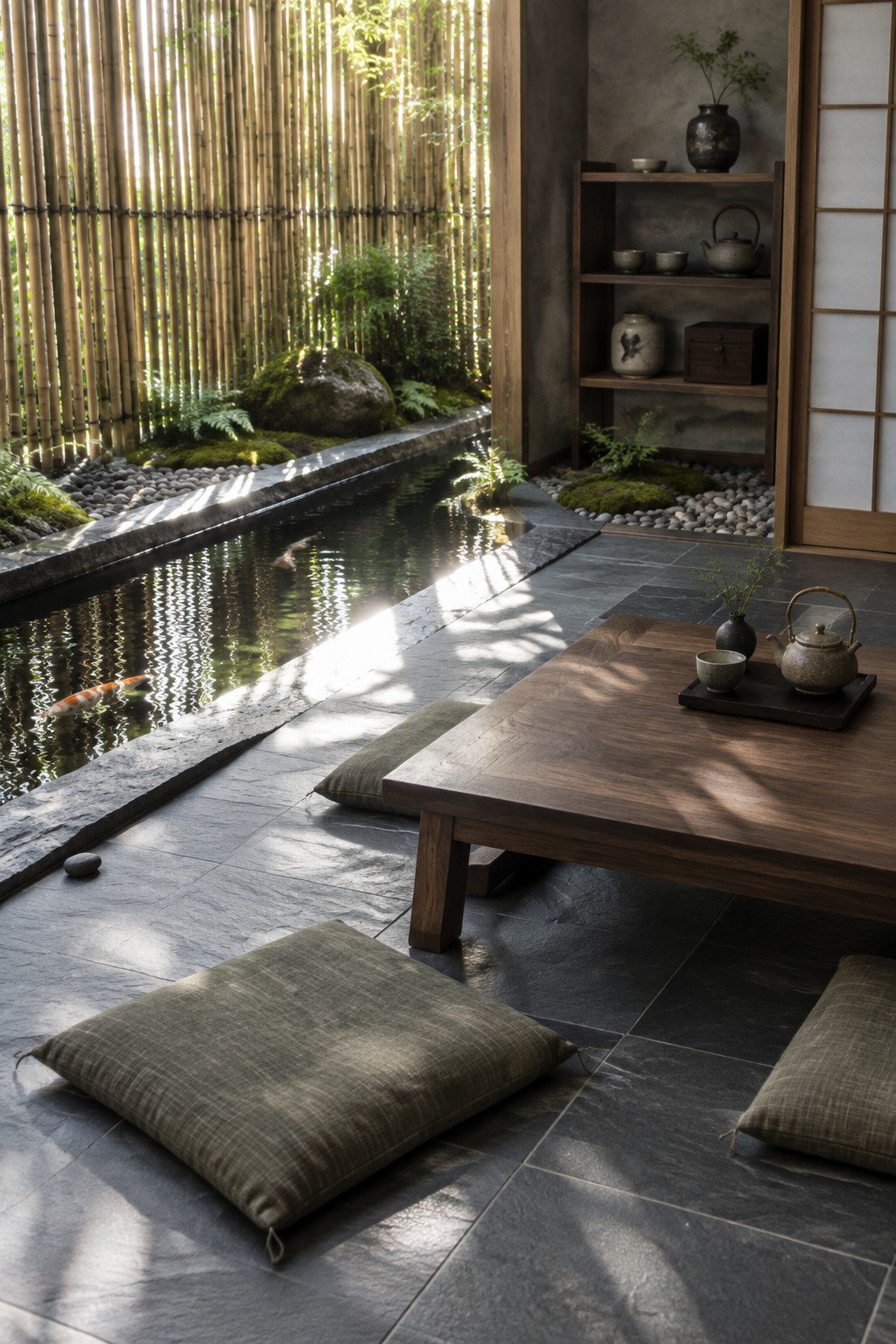 A low wooden table with a tea set and floor cushions sits on dark stone tiles beside a koi pond, with a bamboo fence and mossy rocks in the background.