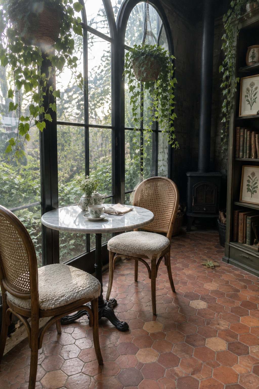 Round marble table with two cane chairs on terracotta tile in an enclosed room with large arched windows and hanging plants.