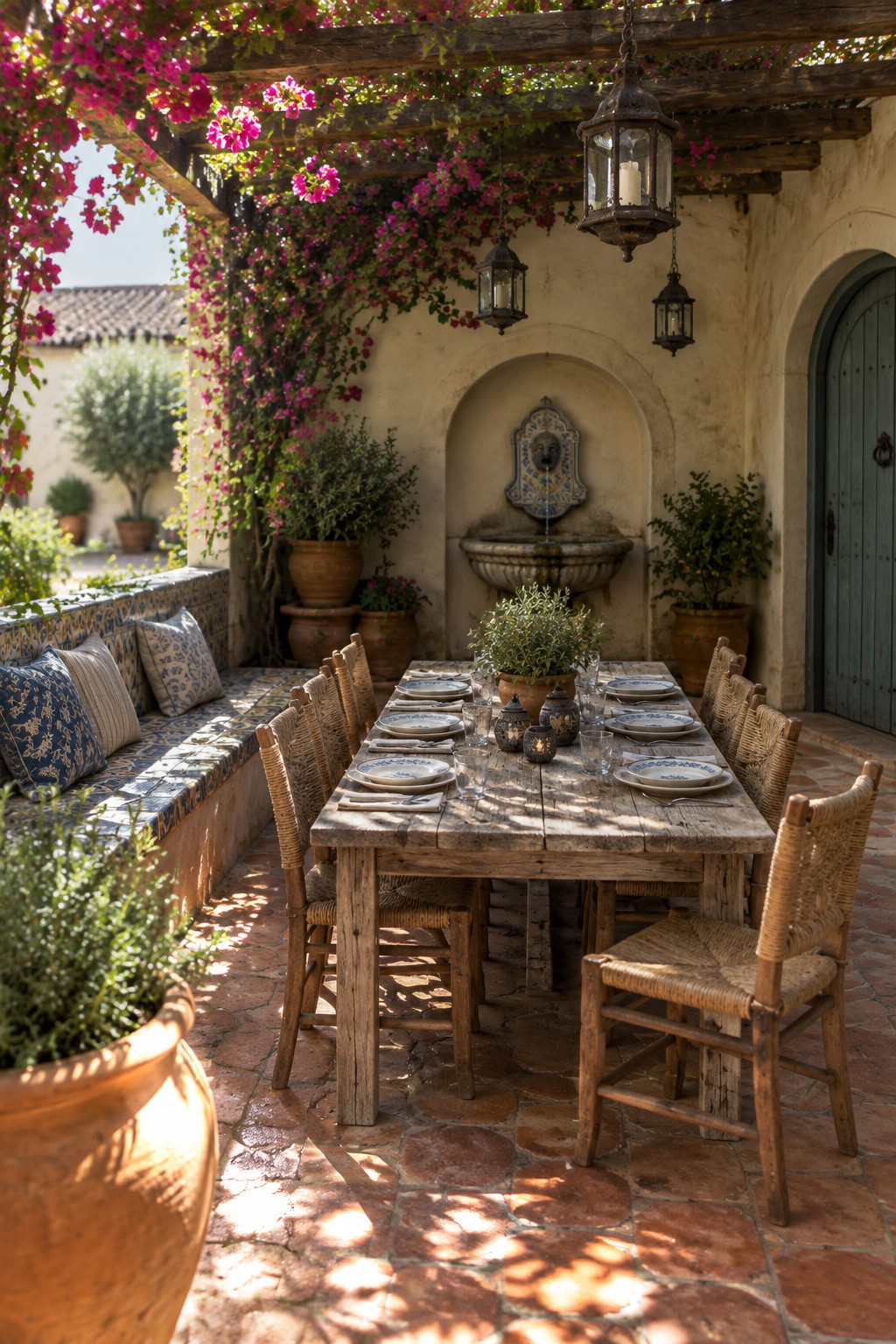 A long rustic wooden dining table set with plates and glassware sits on a brick patio under a wooden pergola covered in pink flowering vines, with woven chairs around it and hanging lanterns above.