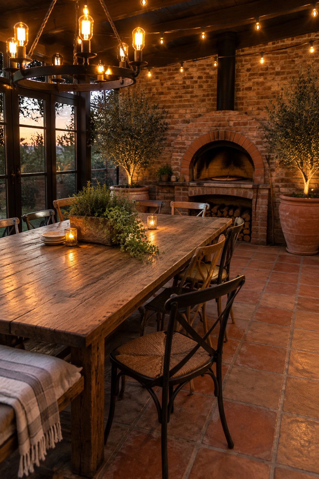 A long rustic wooden dining table with mixed wooden and metal chairs sits under warm string lights in a covered brick patio with a built-in oven.